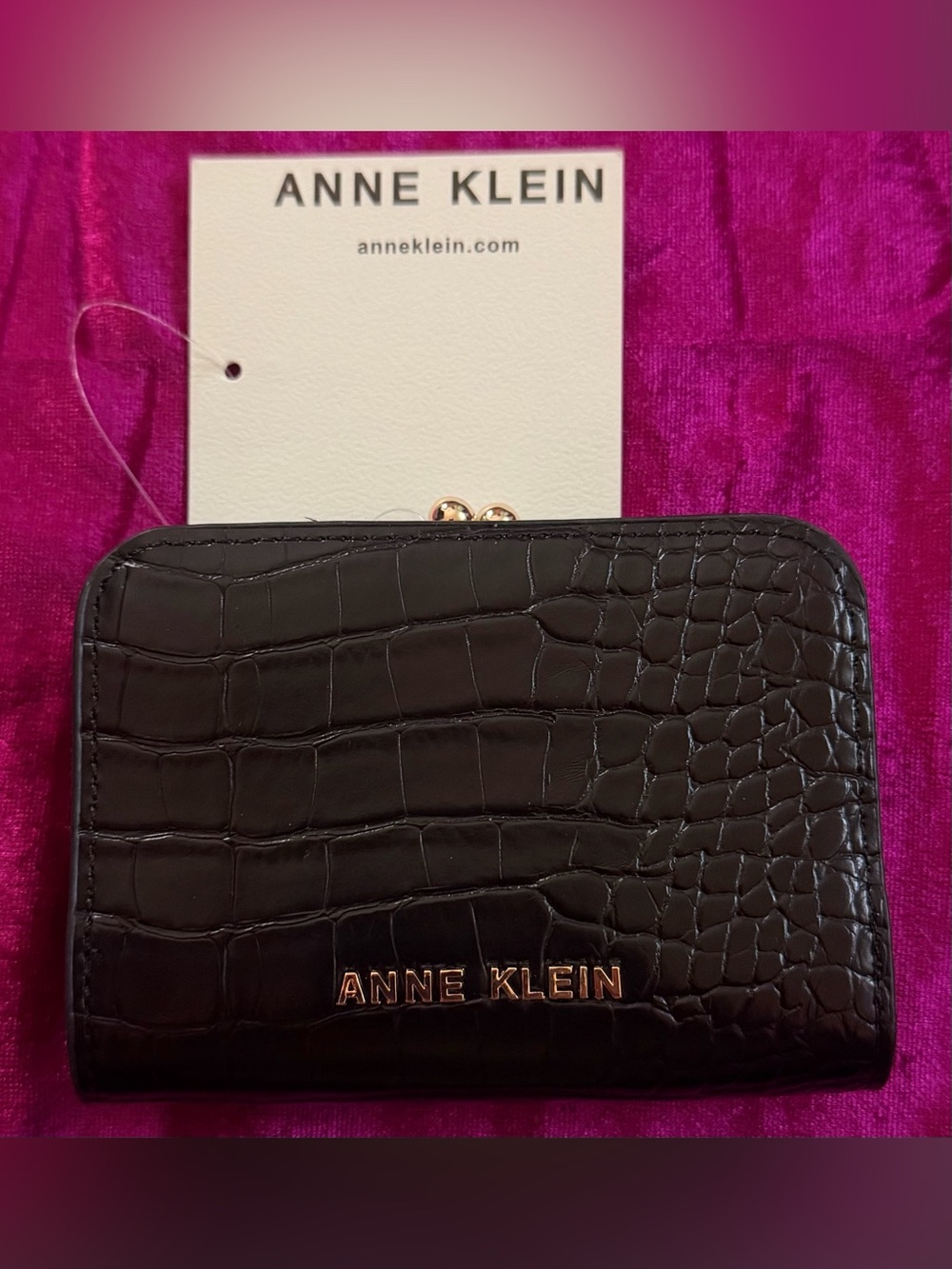 Anne Klein Black Croc-Embossed Wristlet with Gold Hardware